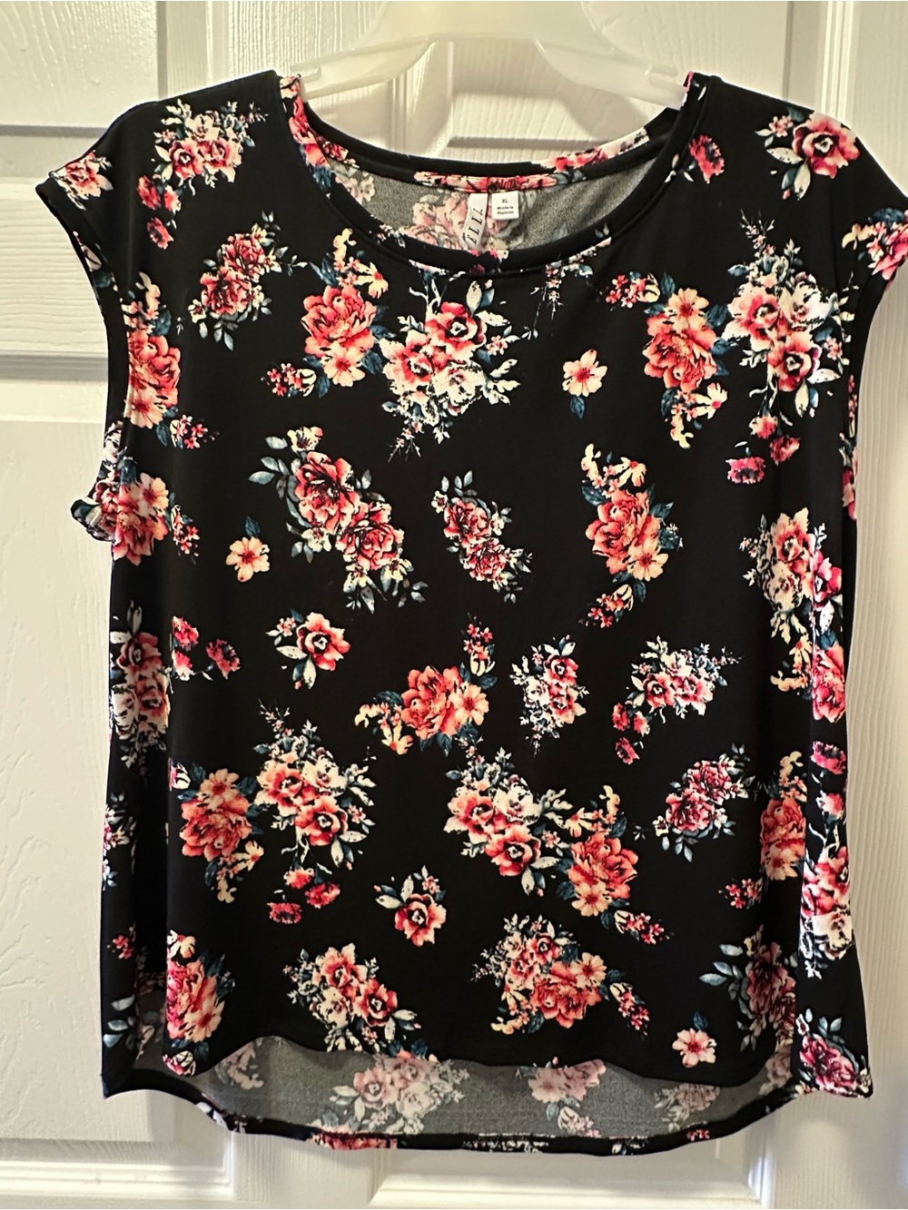 Floral Sleeveless Black Top with Pink Rose Print - XL